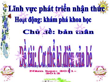 Bài giảng lớp Lá - Lĩnh vực phát triển nhận thức: Hoạt động: Khám phá khoa học - Chủ đề: Bản thânĐề tài: Cơ thể kì diệu của bé